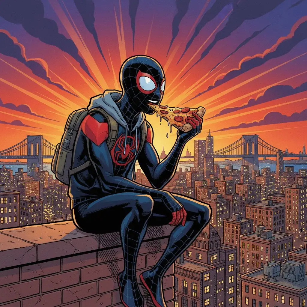 Miles Morales eating pizza on a rooftop, Brooklyn sunset, comic art style