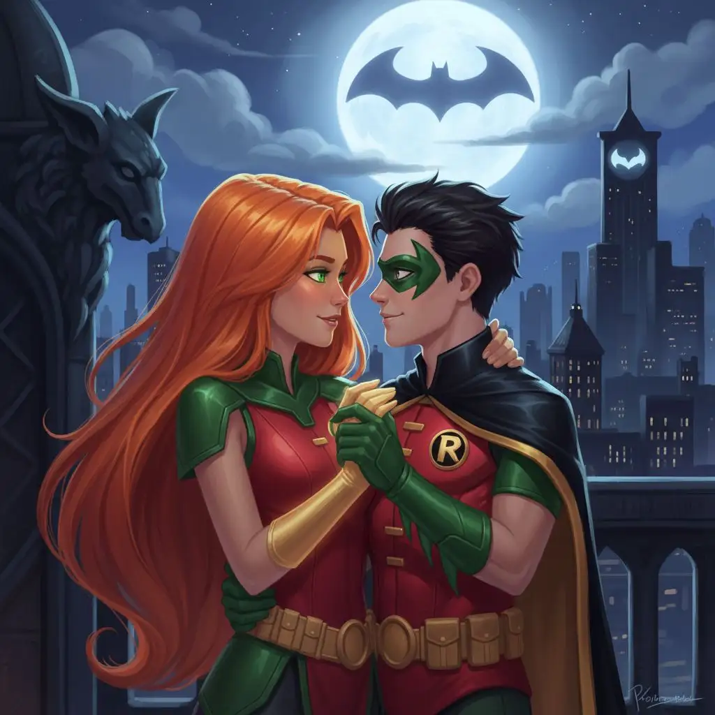Starfire and Robin tender moment, Gotham skyline, romantic illustration