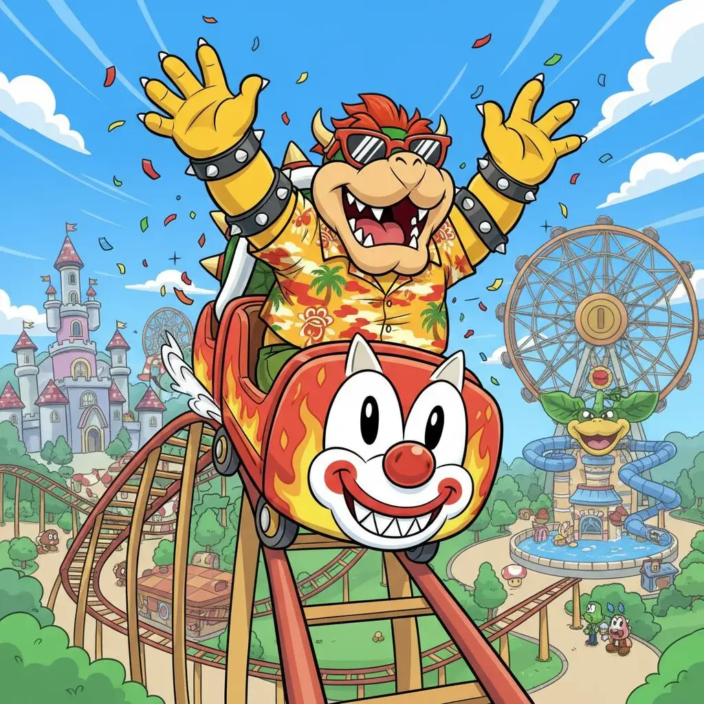Bowser having fun on a roller coaster at a theme park, Bowser fan art.