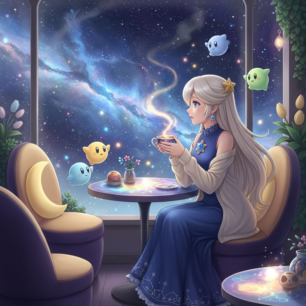 Princess Rosalina enjoying cosmic tea at a space cafe.