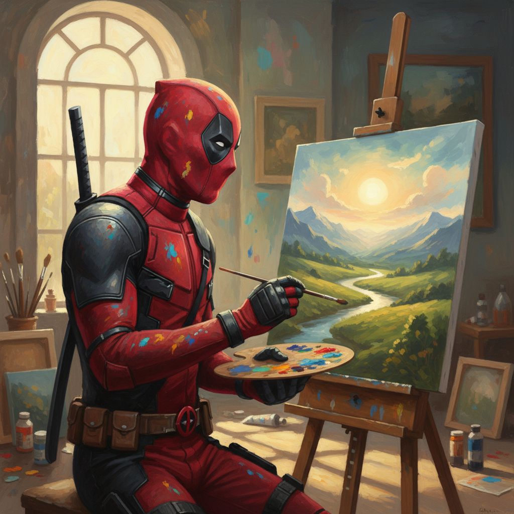 Deadpool painting a landscape on an easel in a bright art studio.
