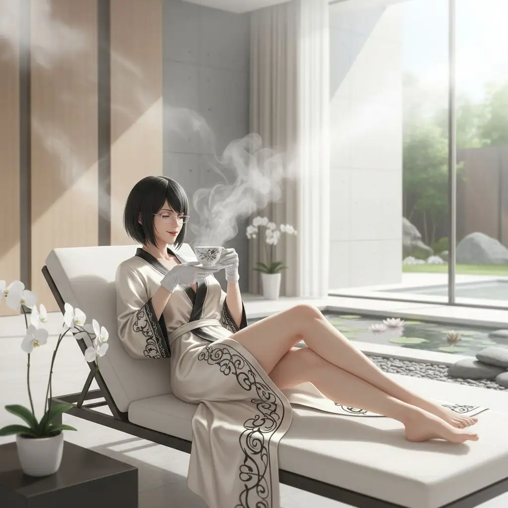 Bayonetta relaxing in a modern spa, tranquil.