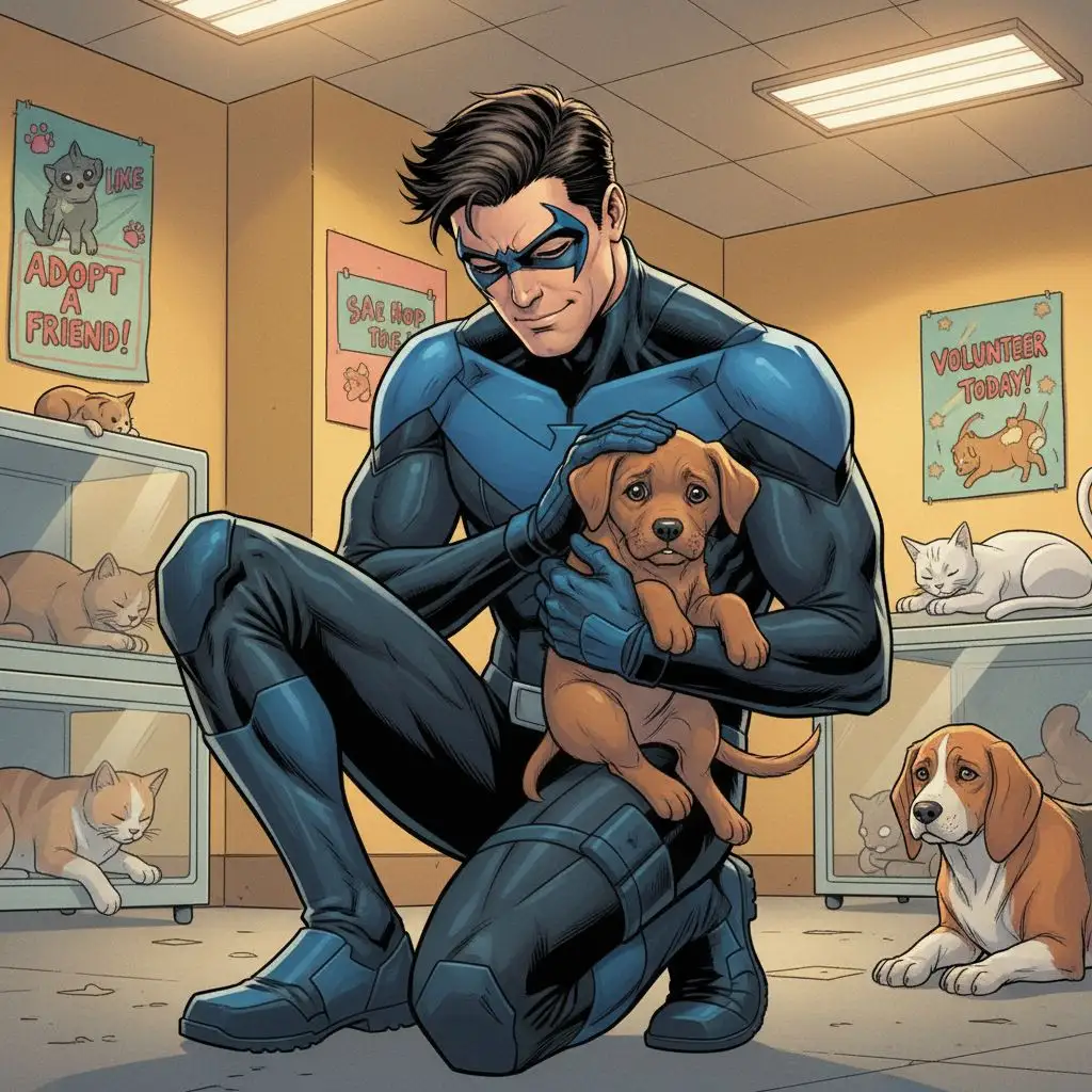Nightwing volunteering at an animal shelter with a puppy, realistic comic art
