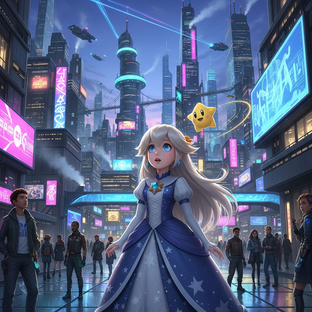 Rosalina exploring a futuristic city at dusk with neon lights.