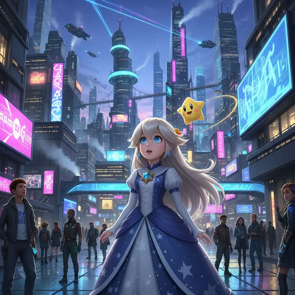 Rosalina exploring a futuristic city at dusk with neon lights.