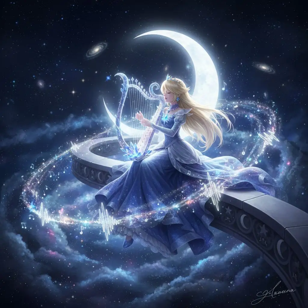 Rosalina playing a cosmic harp on a moonlit balcony.