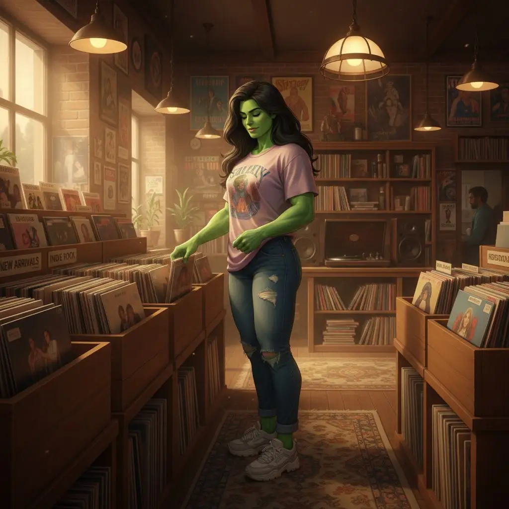 She Hulk in a music store, a relaxed and engaging scene.