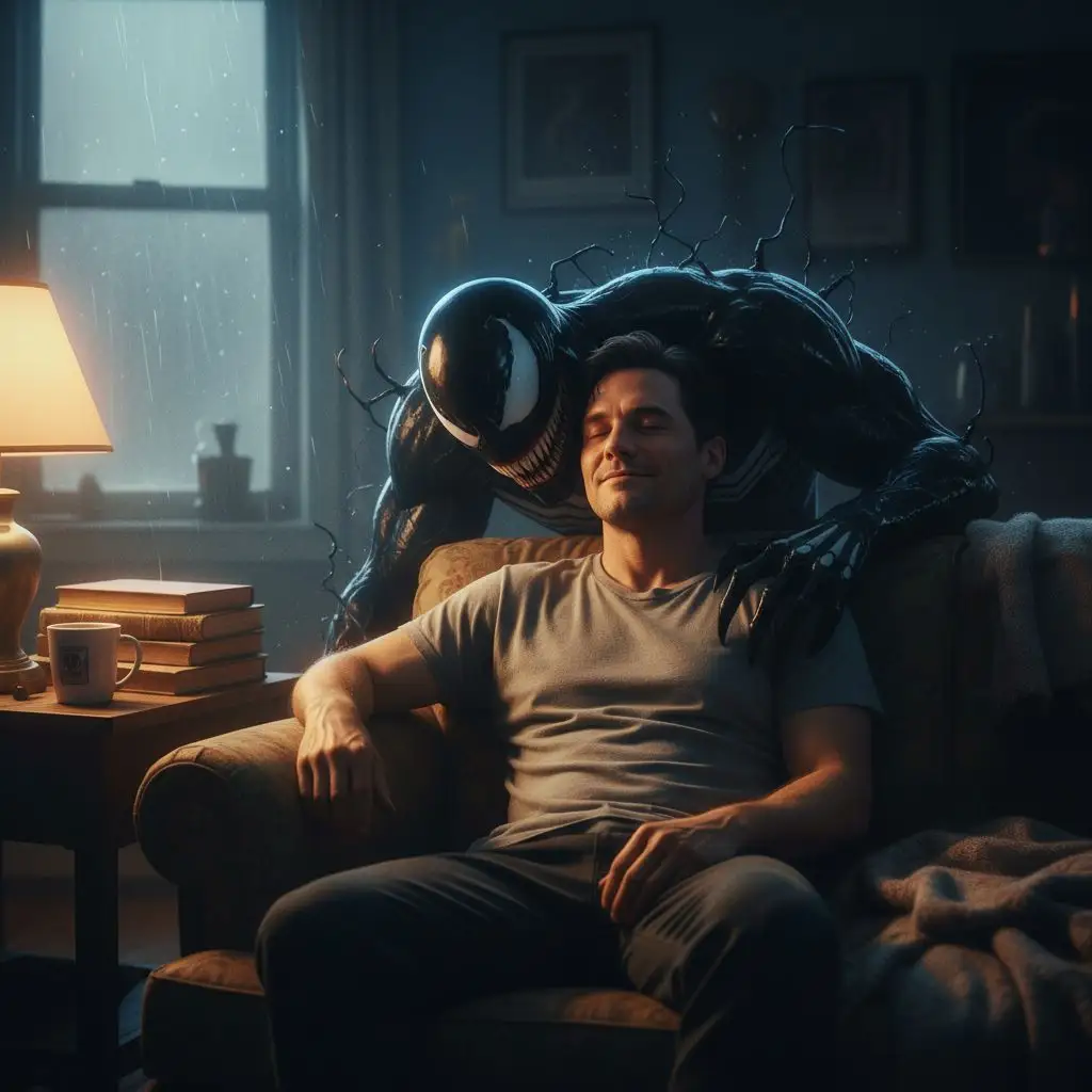 Venom and Eddie Brock fan art, tender moment, cinematic style.