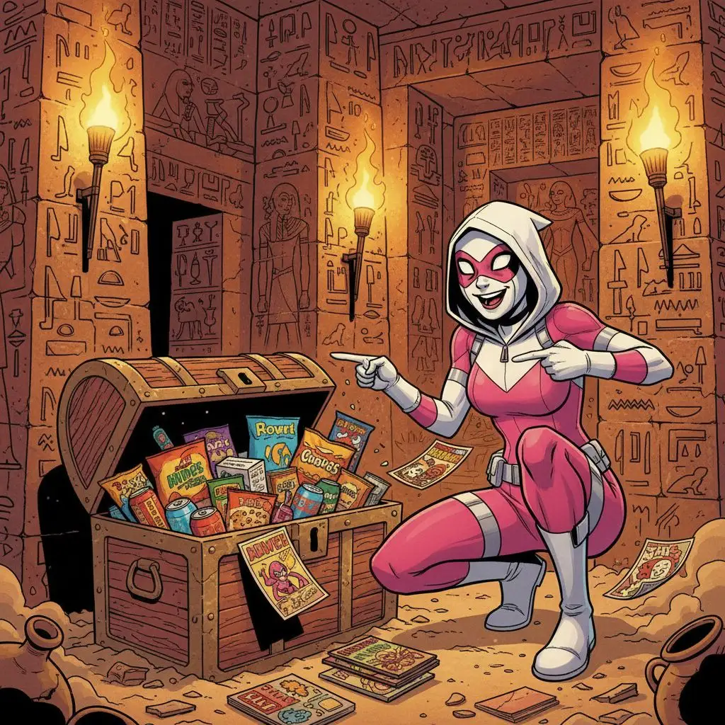 Gwenpool discovering treasure in an ancient Egyptian tomb.