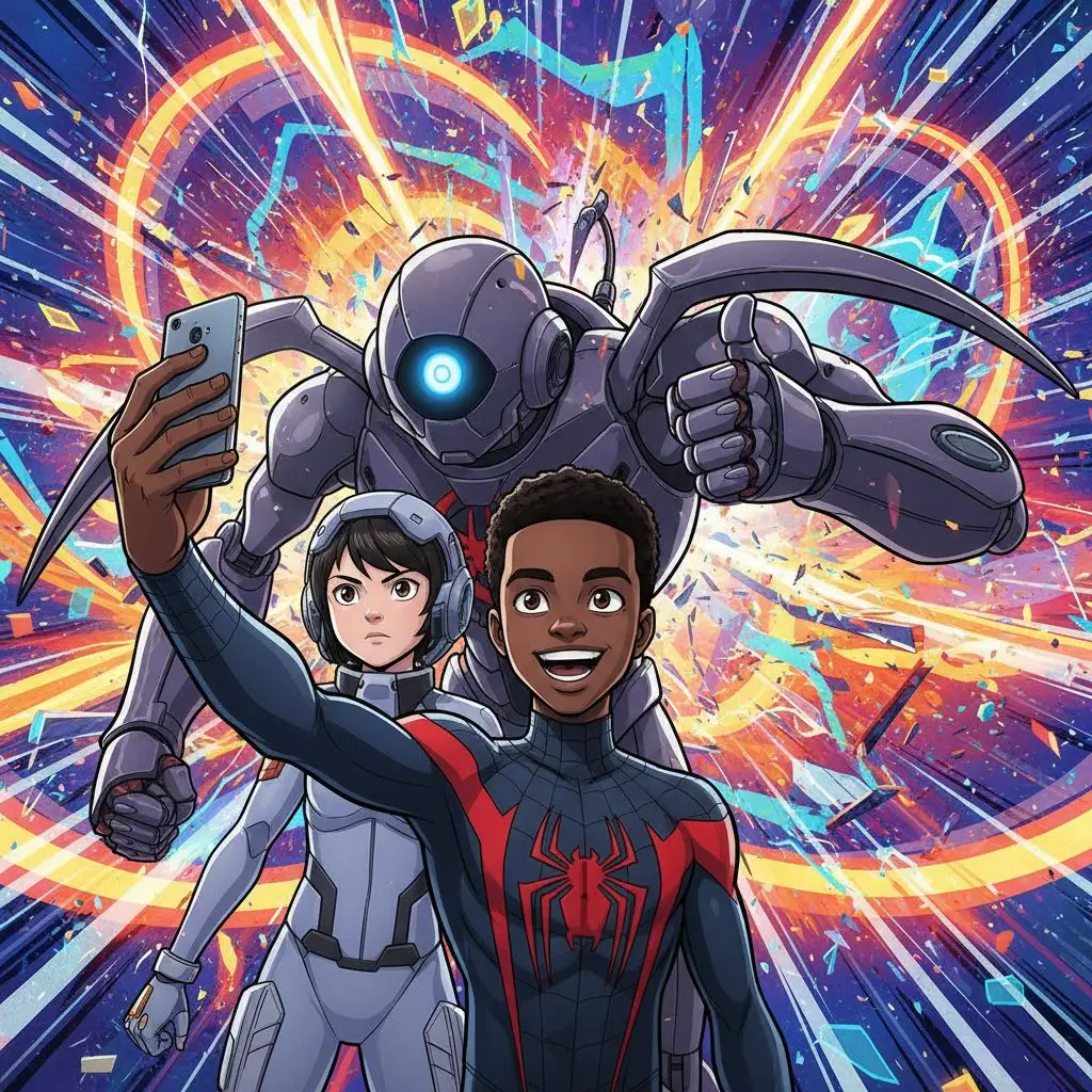 Miles Morales taking selfie with Peni Parker and SP//dr, interdimensional portal, anime style