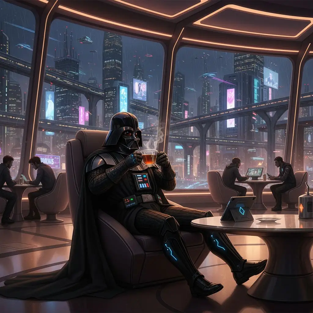 Darth Vader enjoying tea at a Coruscant cafe, cyberpunk style art.