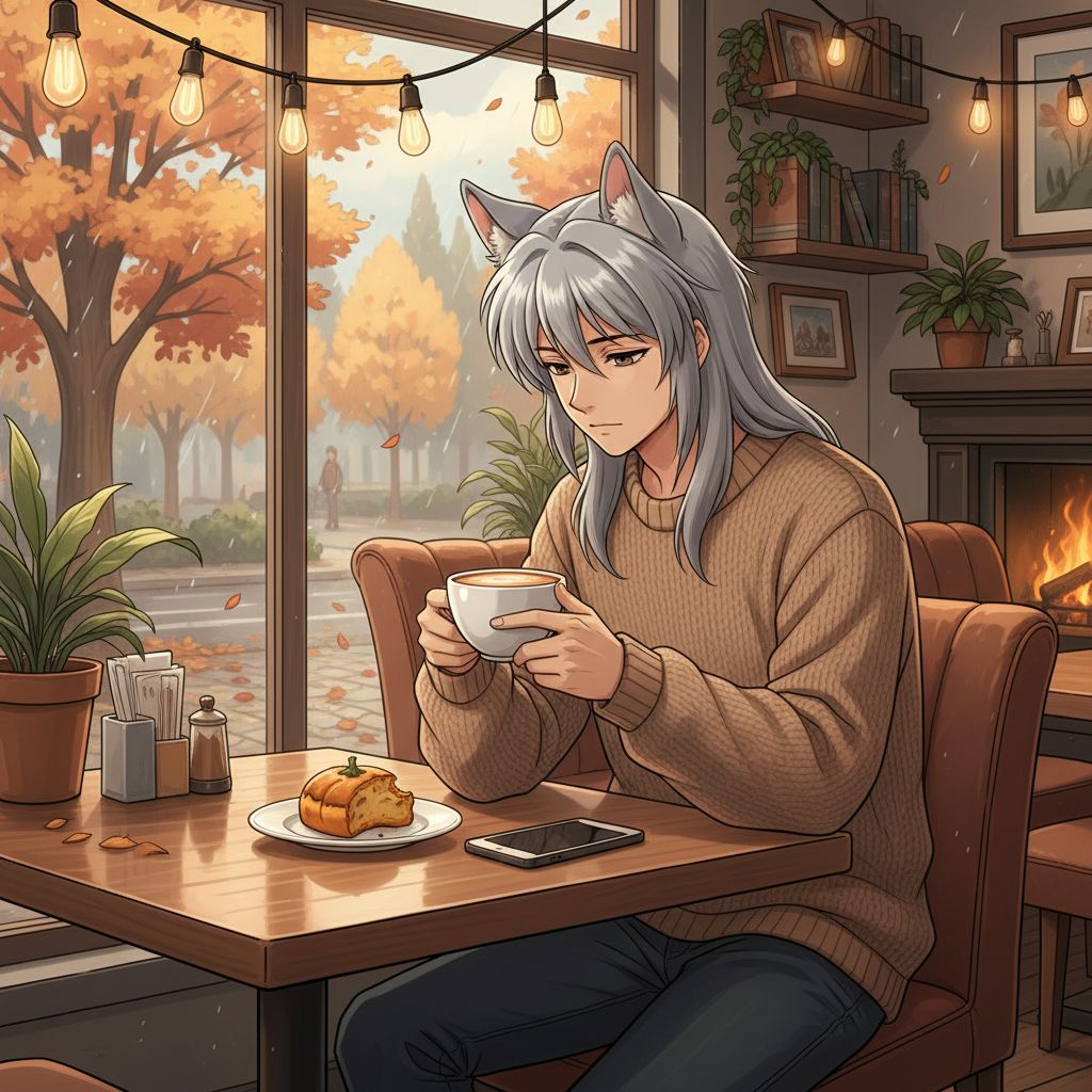 Modern Inuyasha fan art, drinking coffee in a cafe, autumn scene.