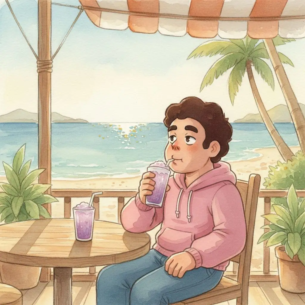 Steven Universe enjoying a smoothie at a beach cafe, watercolor style.