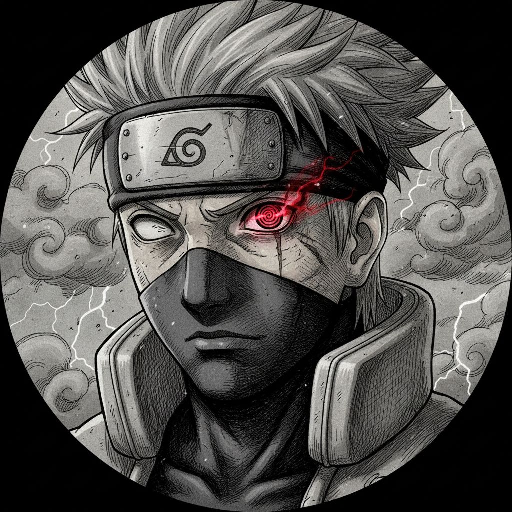 Close-up of Kakashi's Sharingan eye, atmospheric manga style.