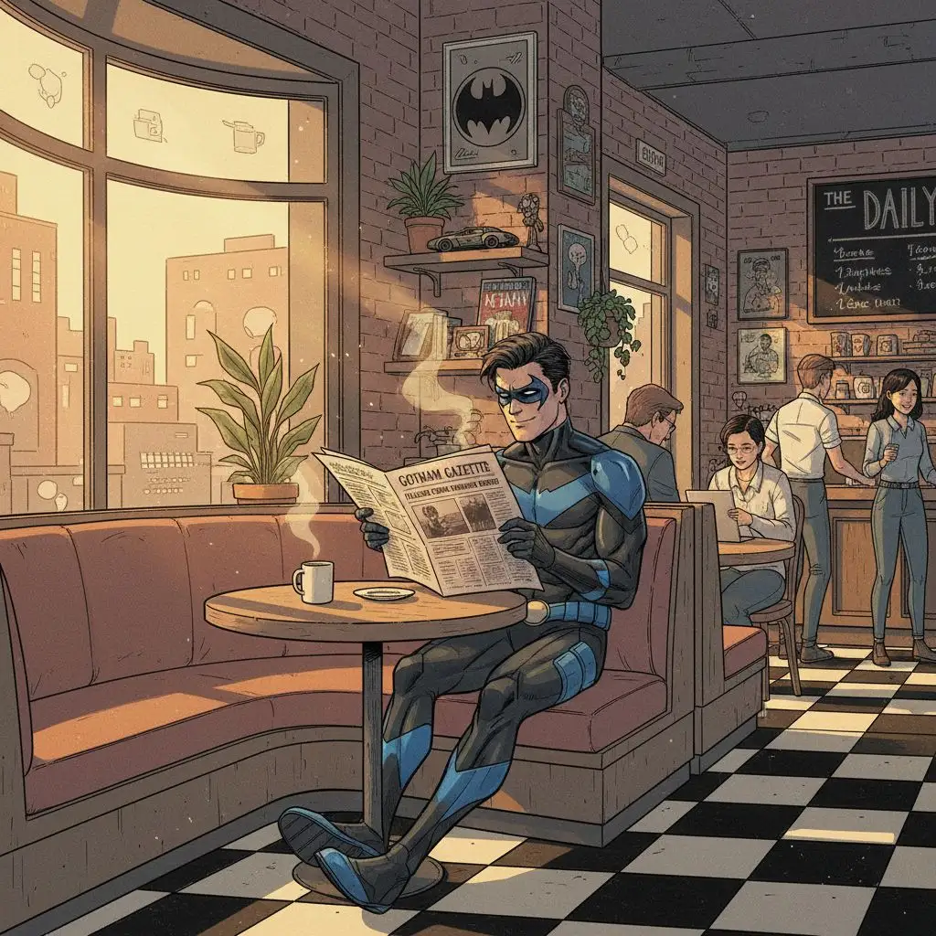 Nightwing relaxing with coffee and newspaper in a cafe, comic style