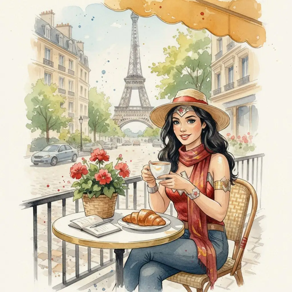 Wonder Woman enjoying coffee at a Parisian cafe with the Eiffel Tower.