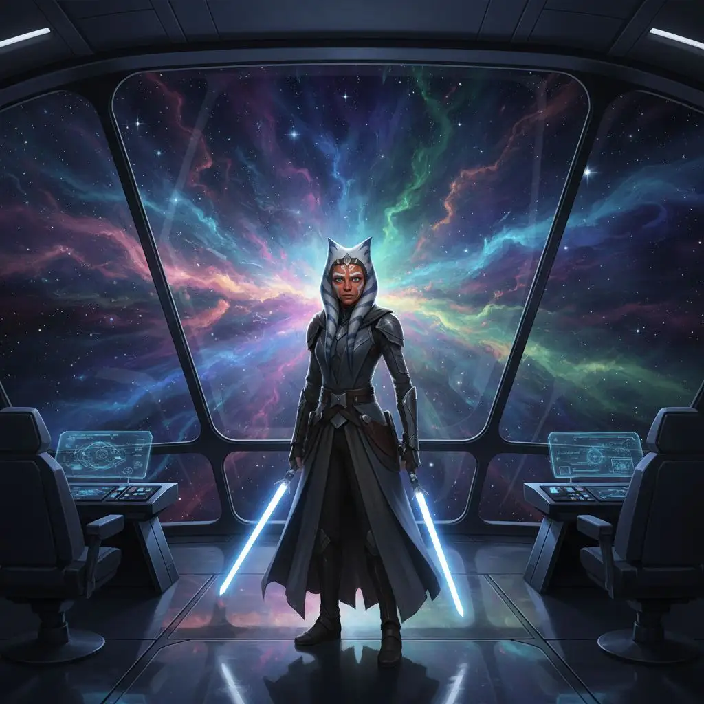 Ahsoka Tano observing a nebula from a starship