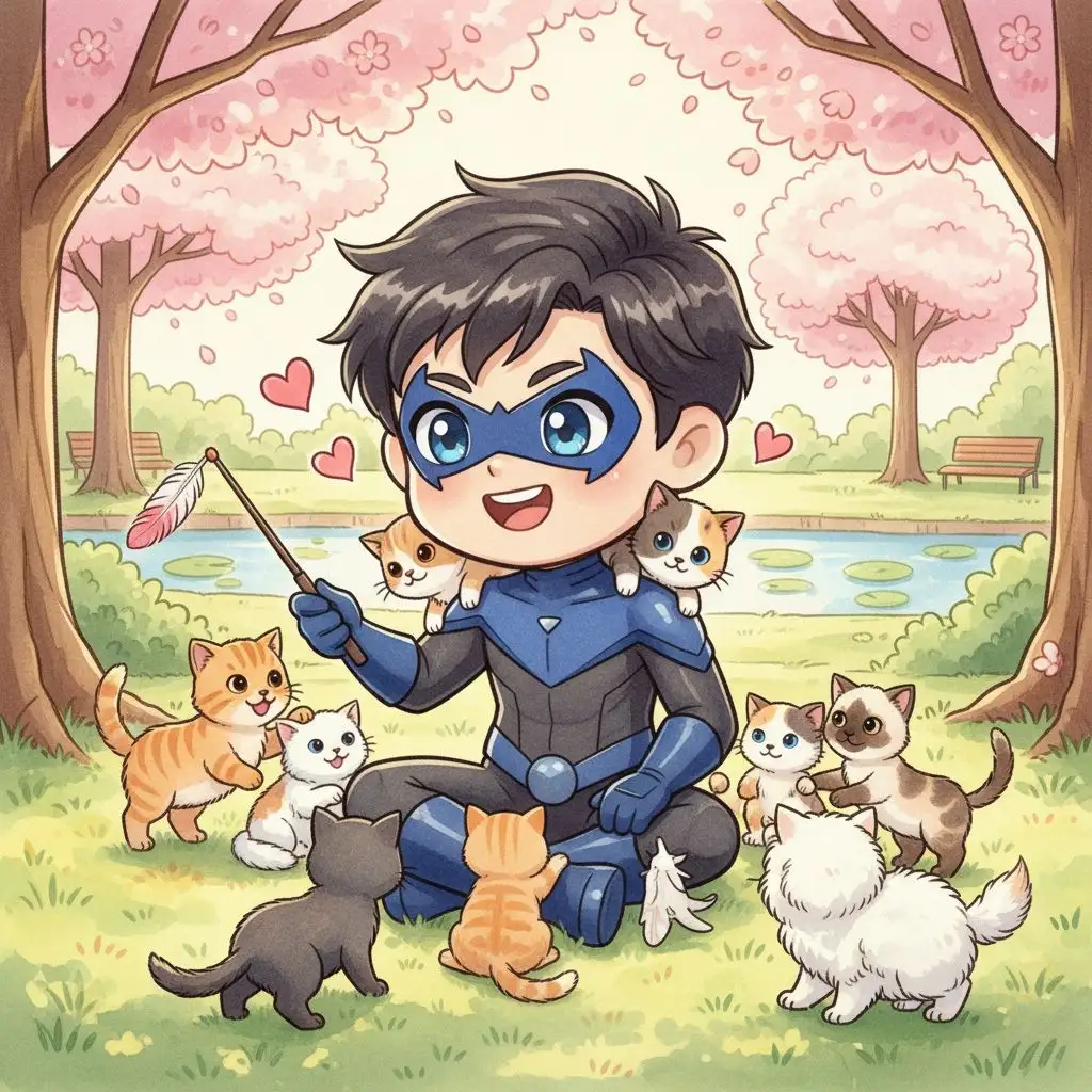Cute chibi Nightwing playing with kittens in a park, watercolor cartoon