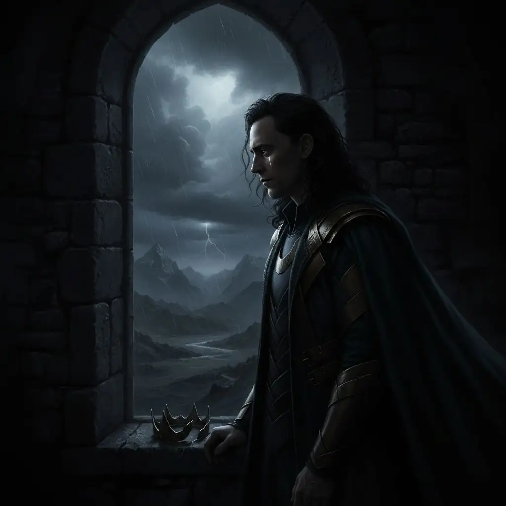Sad Loki looking out window, dramatic melancholic lighting.