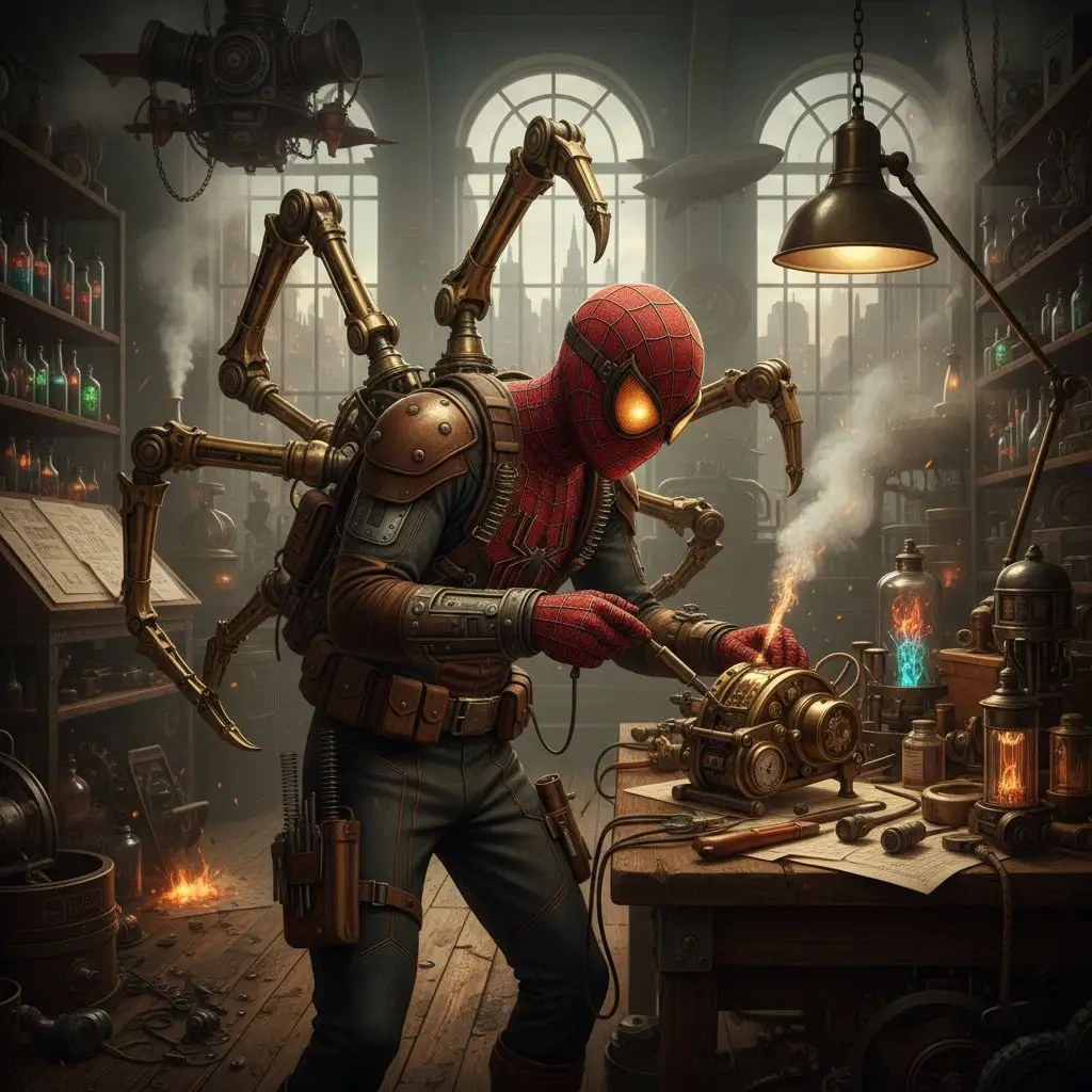 Spiderman in a custom steampunk suit in an inventor's workshop