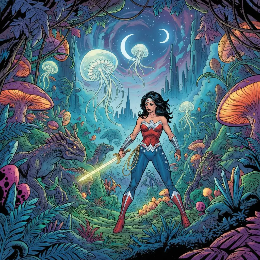 New 52 Wonder Woman exploring an alien jungle.