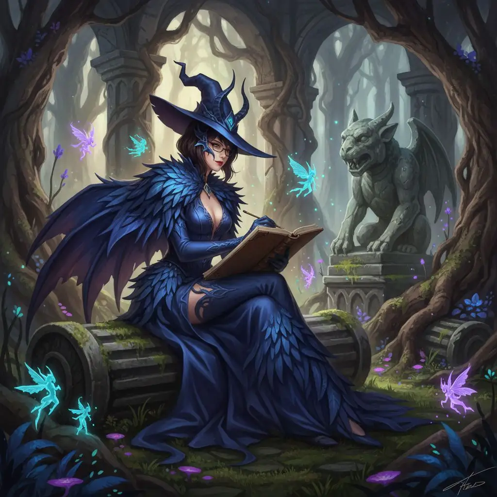 Bayonetta from Bayonetta 3 sketching in ancient ruins, fantasy art.