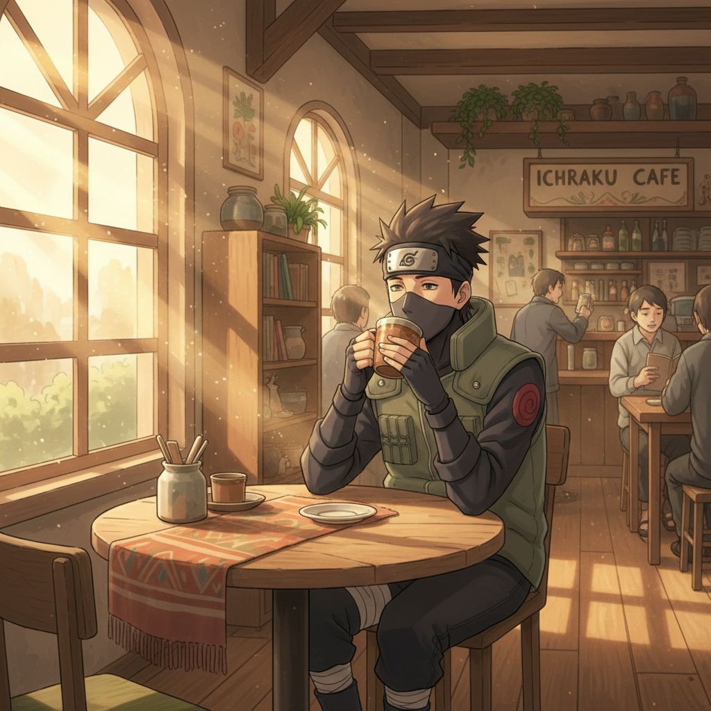 Kakashi sensei enjoying coffee at a Konoha café, anime style.