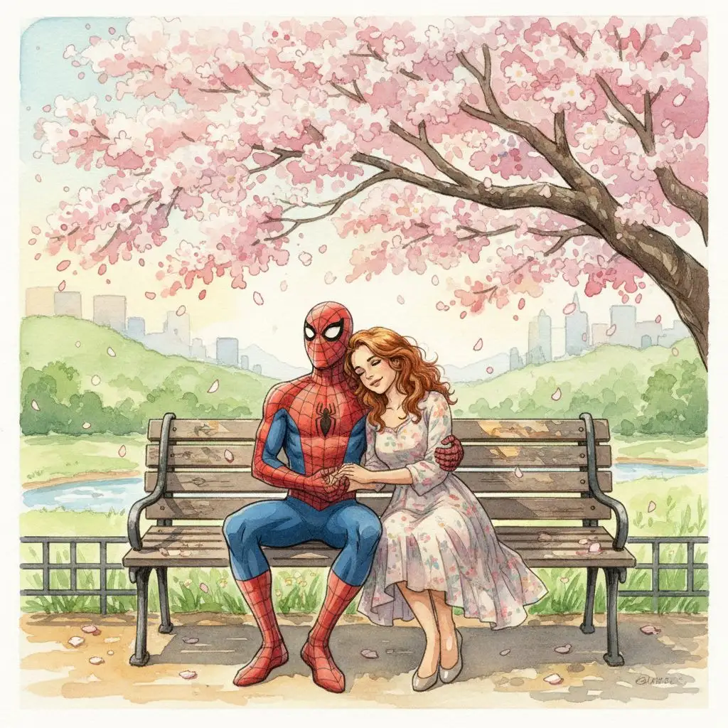 Spiderman and MJ on a park bench under cherry blossoms, watercolor