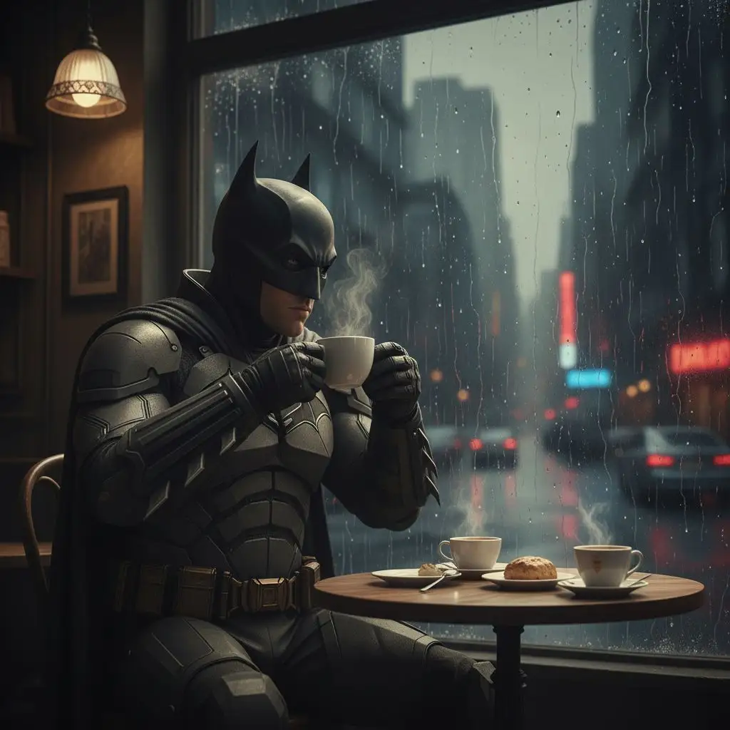 Robert Pattinson's Batman sipping coffee in a rainy cafe, moody cinematic realism.