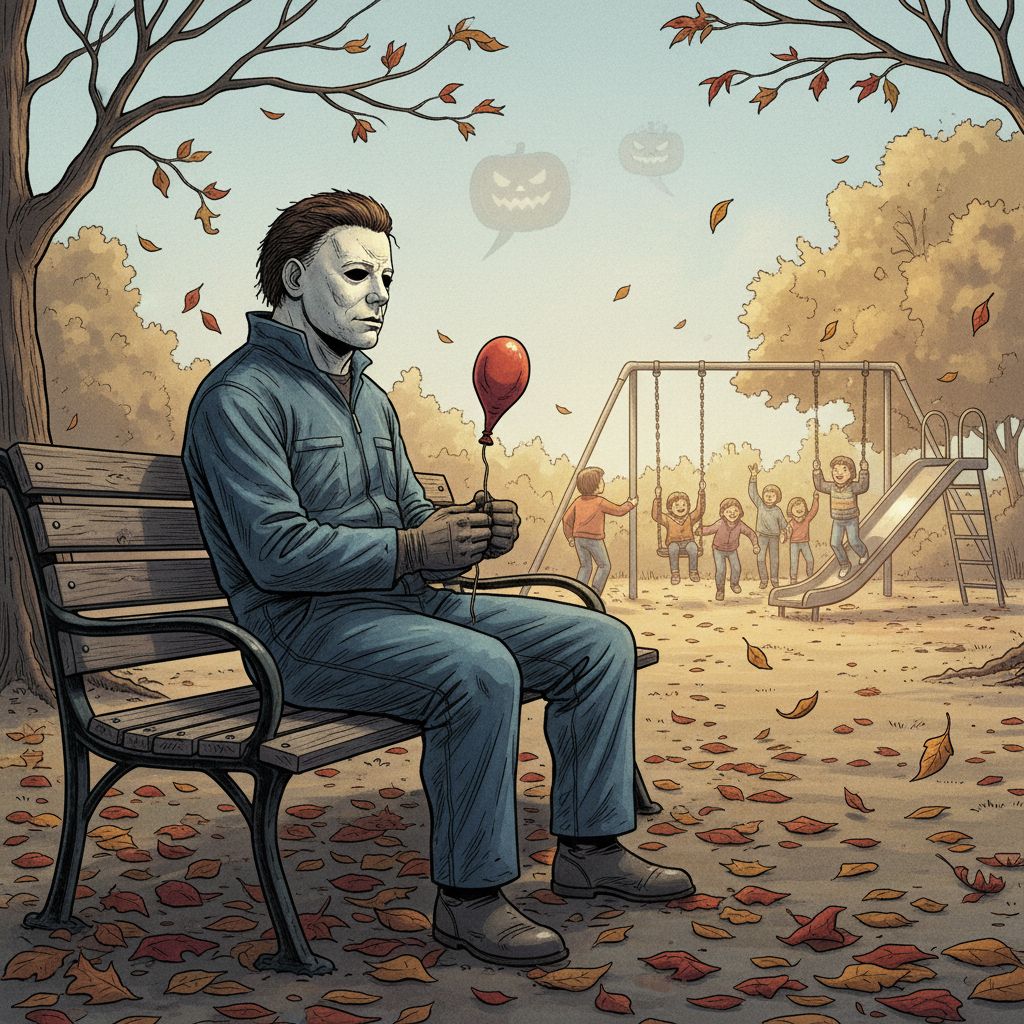 Michael Myers on a park bench watching kids, comic book art style.