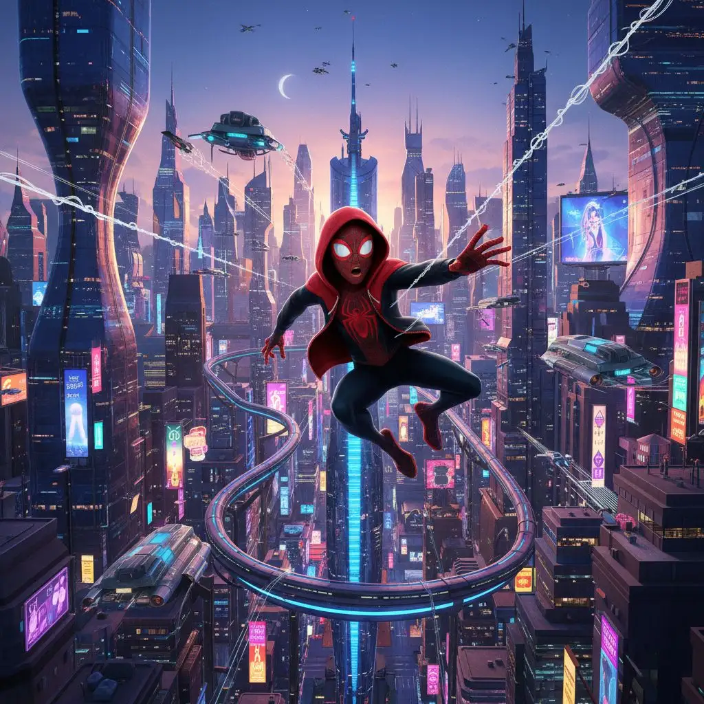 Miles Morales exploring futuristic city, neon, cinematic animation style