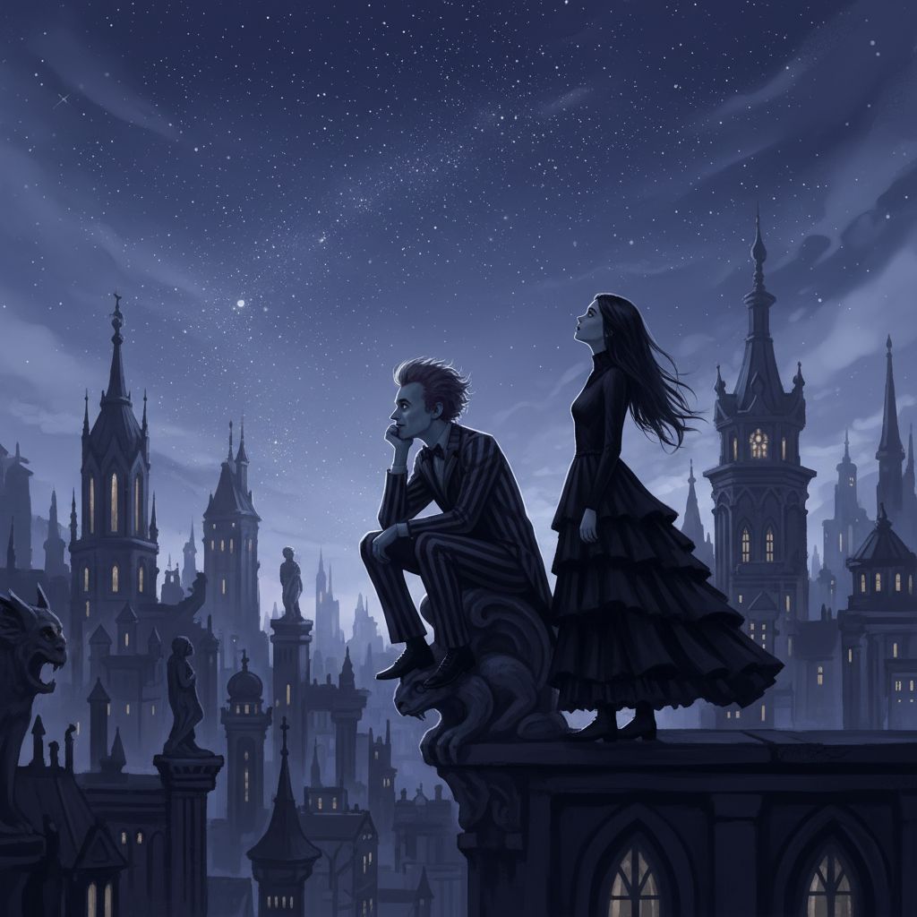 Beetlejuice and Lydia contemplating on a star-filled rooftop overlooking a gothic city.