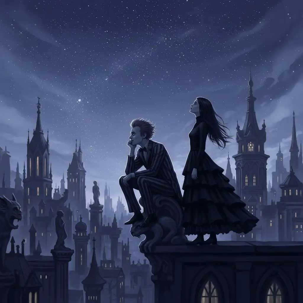 Beetlejuice and Lydia contemplating on a star-filled rooftop overlooking a gothic city.