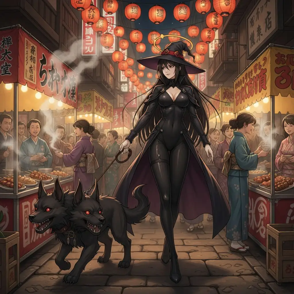Bayonetta from Bayonetta 1 walking a demon dog in a Japanese night market, anime style.