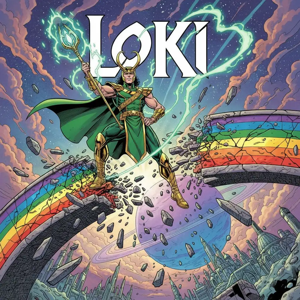 Triumphant Loki on Asgard bridge, glowing scepter, comic book style.