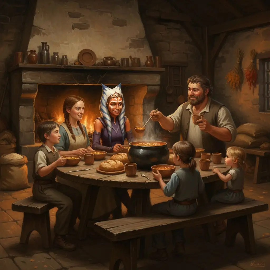 Ahsoka Tano sharing a meal with farmers