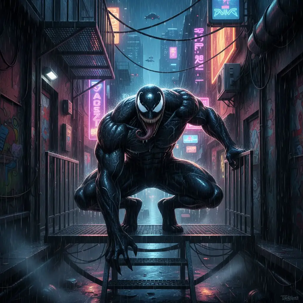 Venom fan art in a neon-lit alley, gritty urban style.