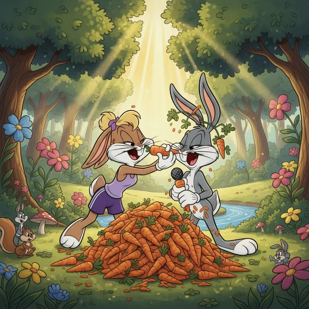 Lola Bunny and Bugs Bunny laughing over carrots in a forest.