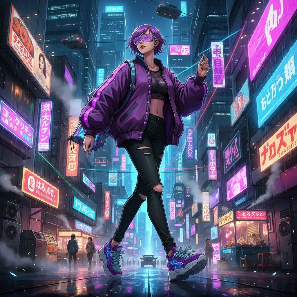 Yoruichi Fan Art of Yoruichi in cyberpunk city streetwear