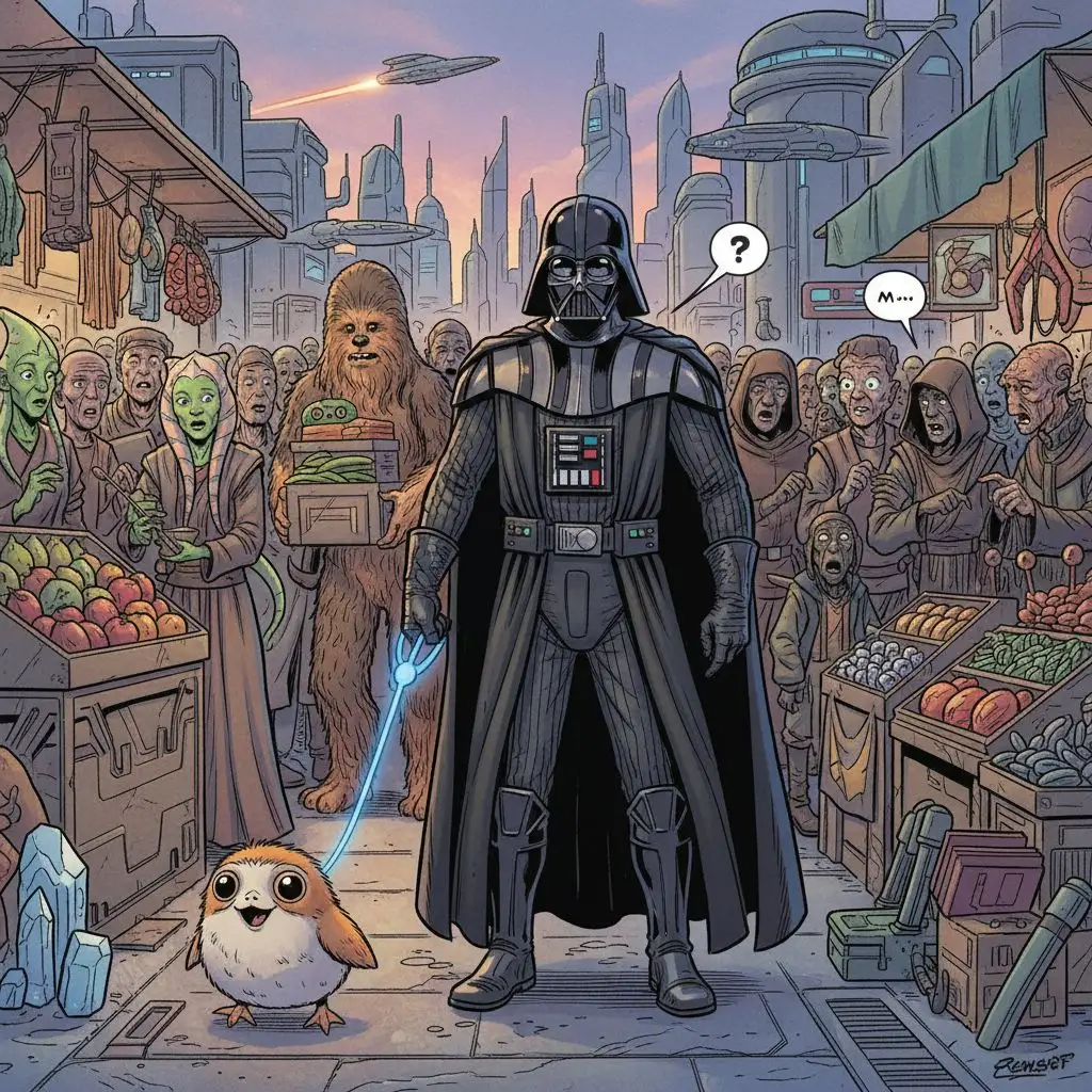 Darth Vader walking a Porg through a futuristic market, comic style.