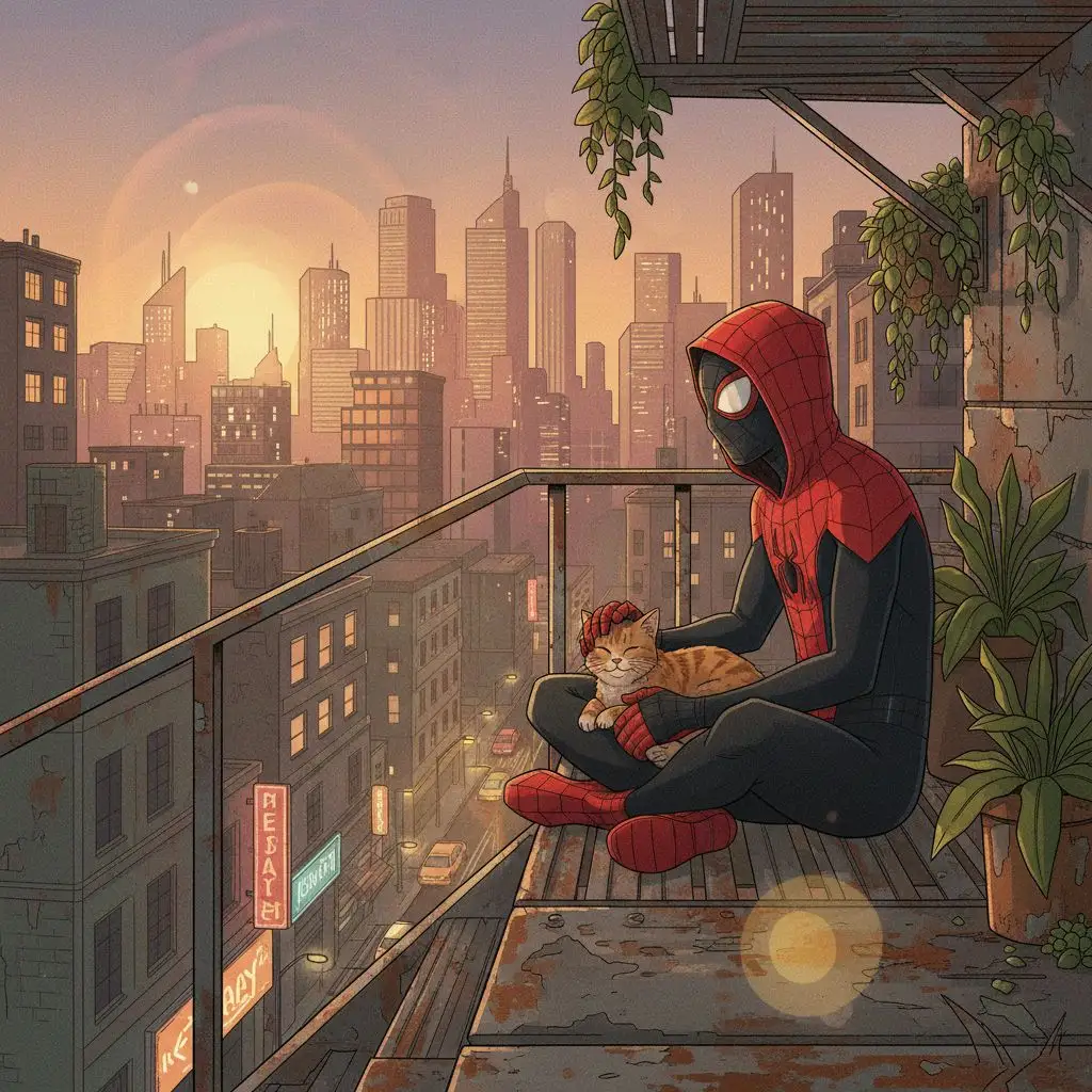Miles Morales relaxing with cat on fire escape, evening glow, lofi illustration
