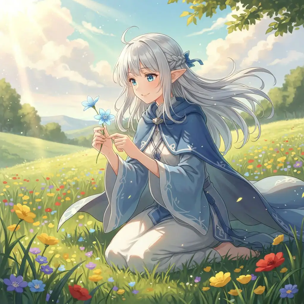 Frieren Fan Art: Frieren enjoying a peaceful moment in a sunlit meadow, generated by AI.