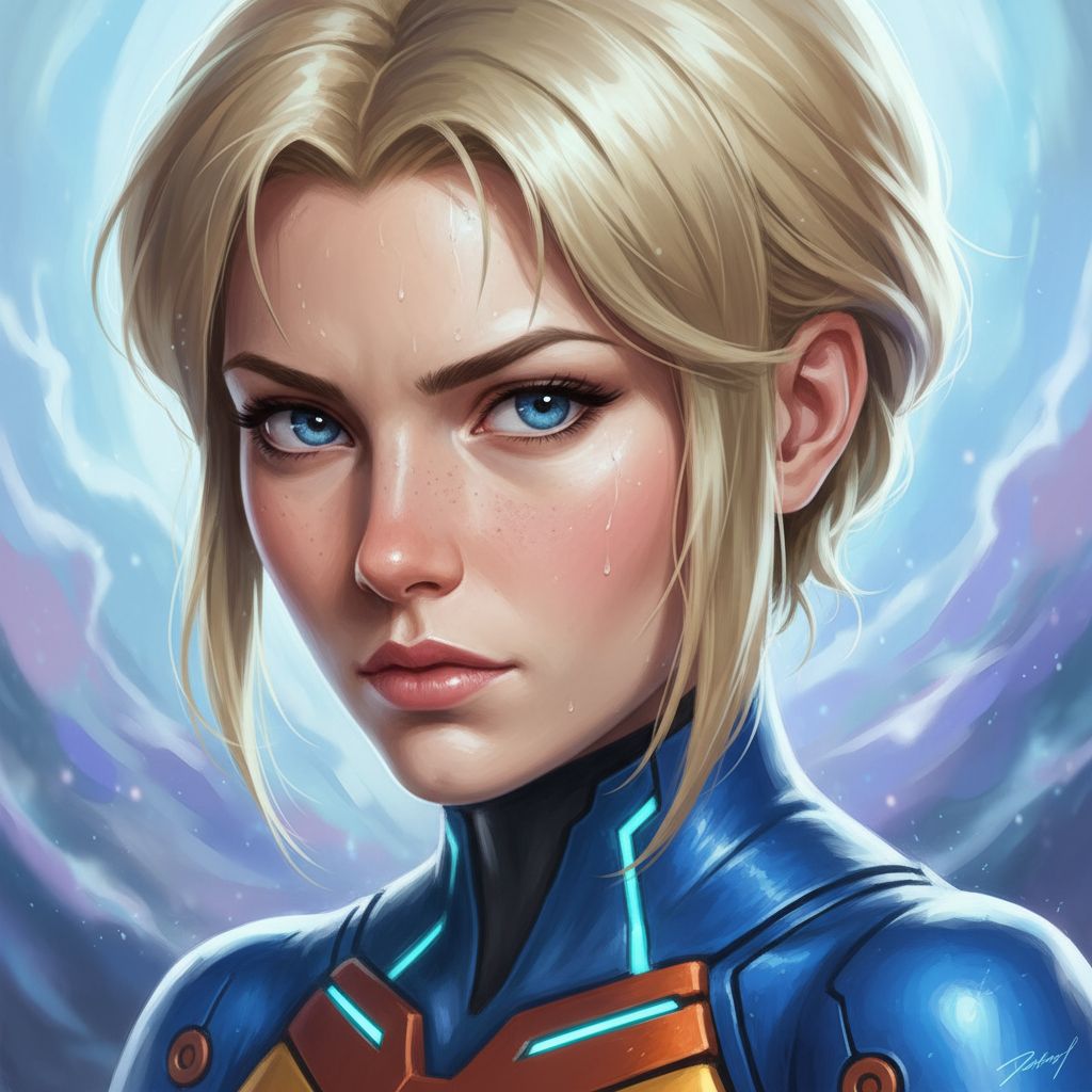 Realistic digital painting of Zero Suit Samus's portrait.