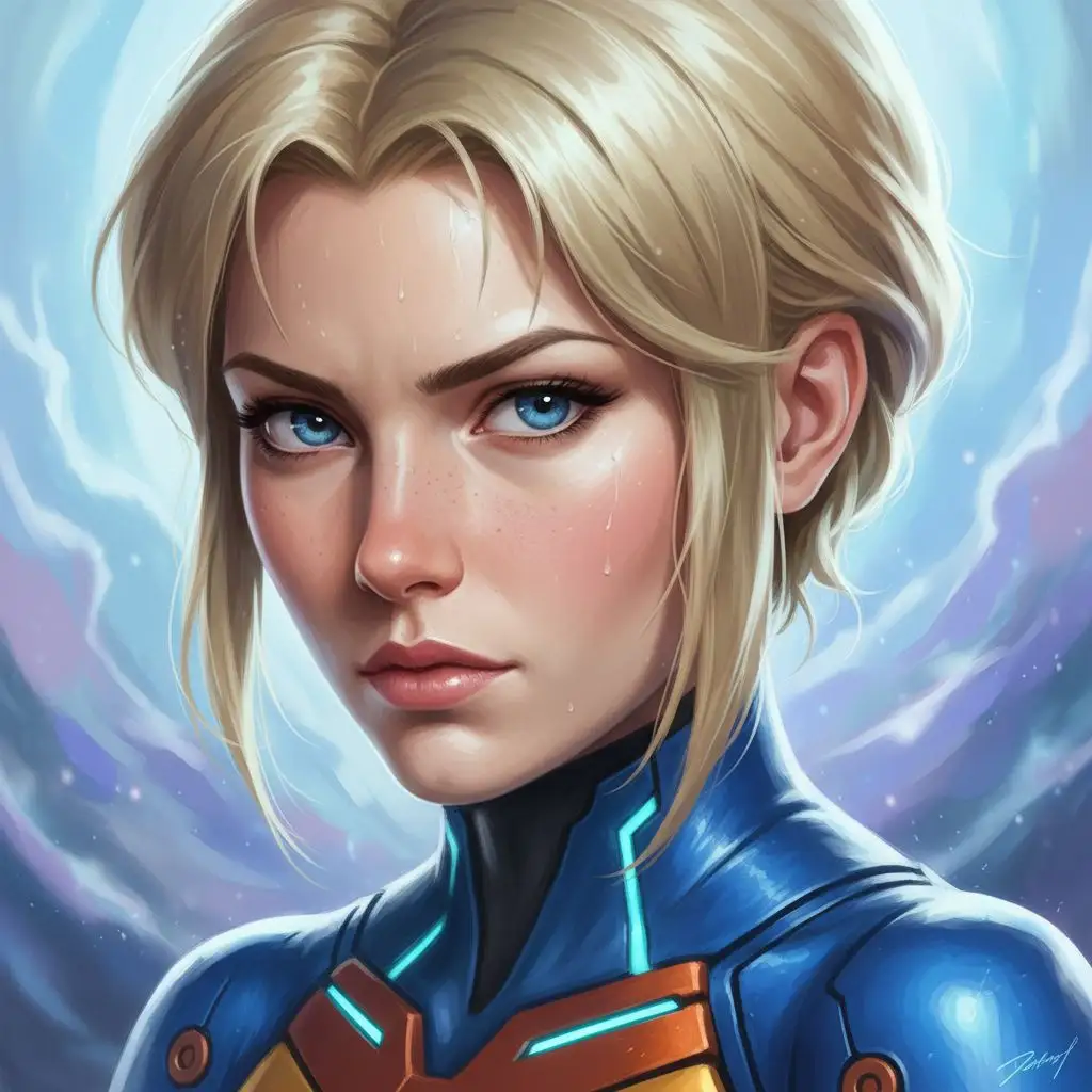 Realistic digital painting of Zero Suit Samus's portrait.