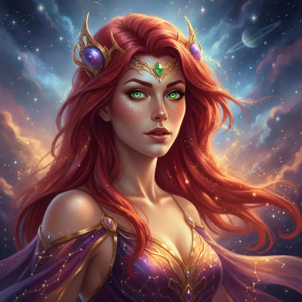 Close-up portrait of Starfire, serene, cosmic background, fantasy art