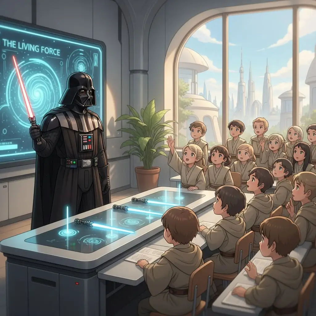 Darth Vader teaching young Jedi, anime style classroom art.
