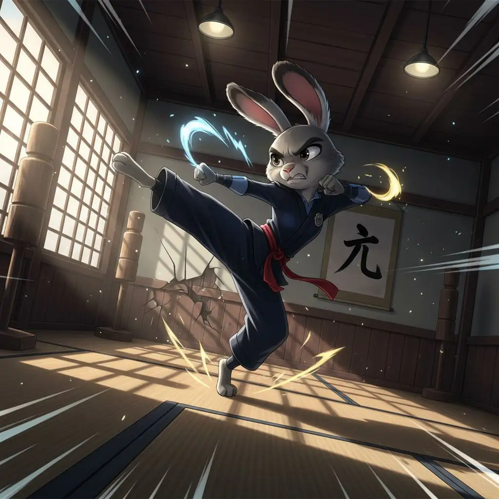 Judy Hopps performing martial arts in a training dojo.
