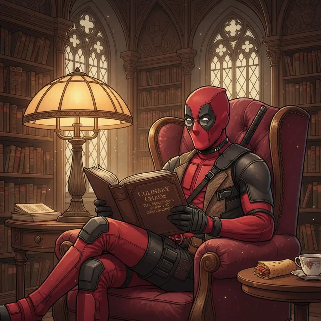 Deadpool reading a large book in a luxurious library armchair.