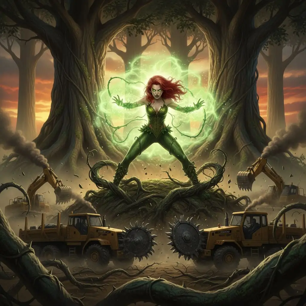 Poison Ivy defending an ancient forest from machinery, dramatic artwork.