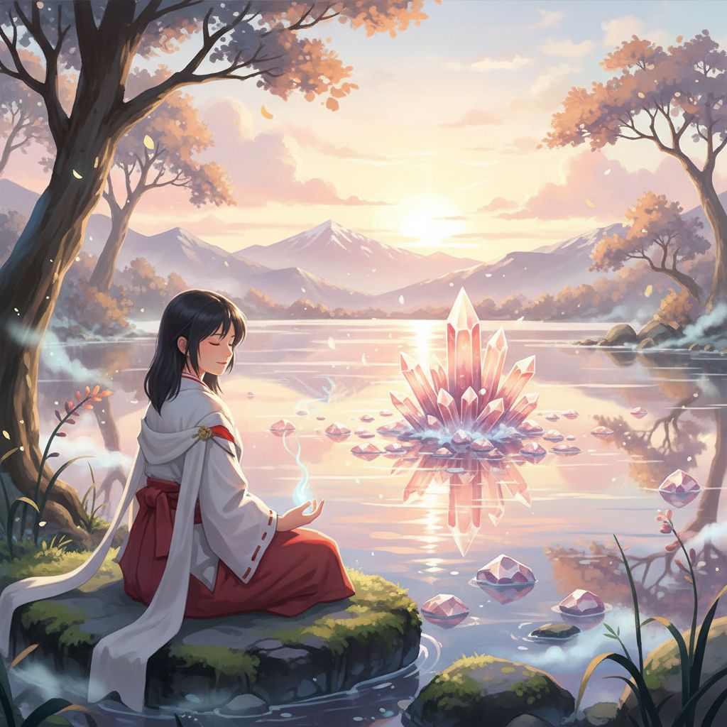 Kikyo fan art, meditating by a sacred lake, mystical atmosphere.